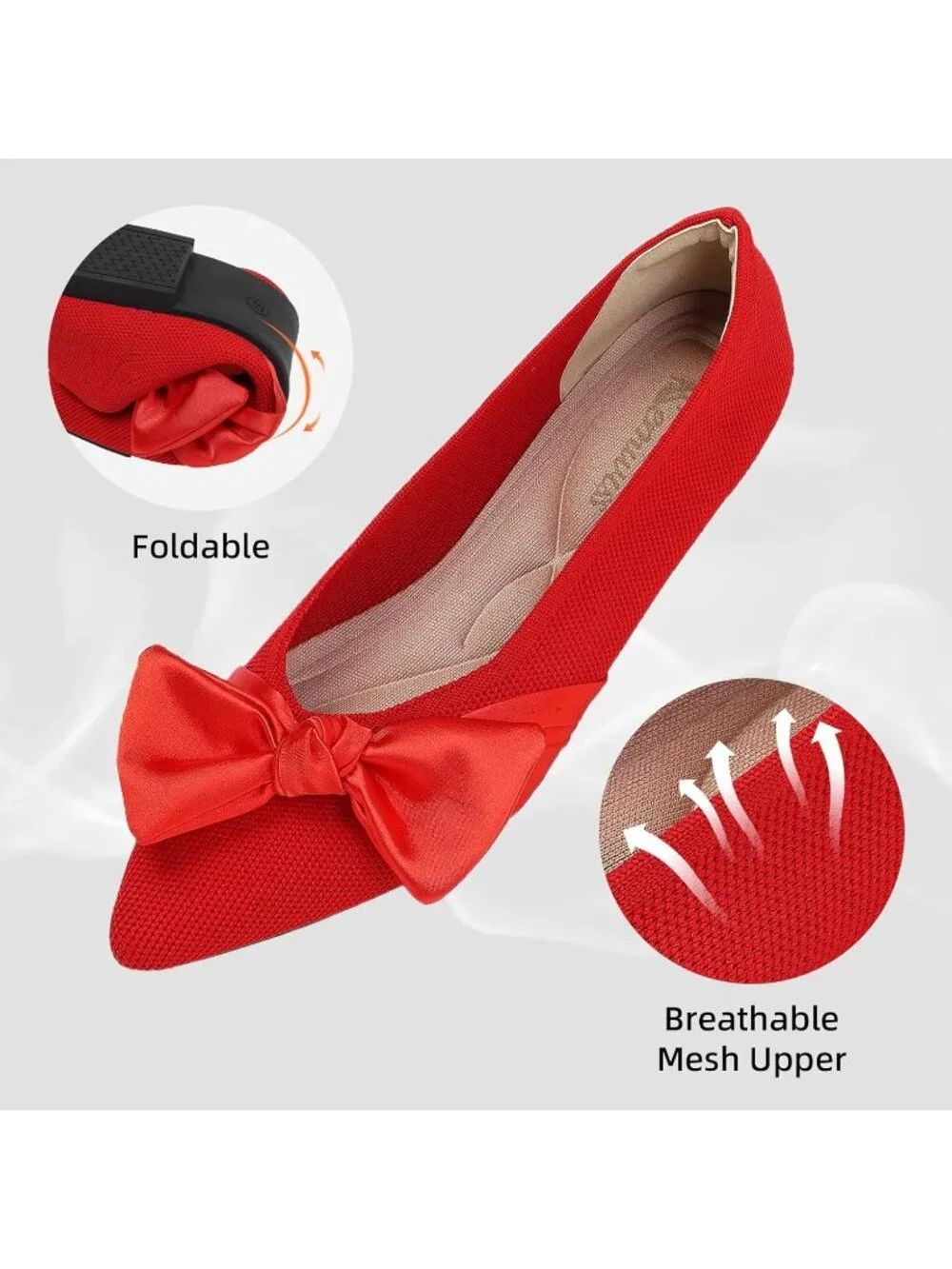 Women's Red Mesh Pointed Toe Ballet Slip On Comfortable  Flats with Bow Shoes
